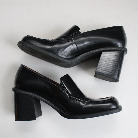 Nine West Women's Kinetic Black Leather Y2K Square Toe Loafer Heels Size 7 - Picture 7 of 8